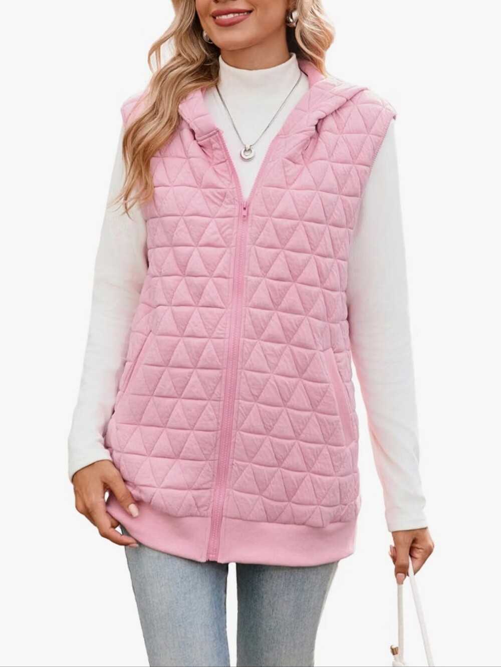 Pink Quilted Hooded Women's Vest Jacket - Lightweight Casual